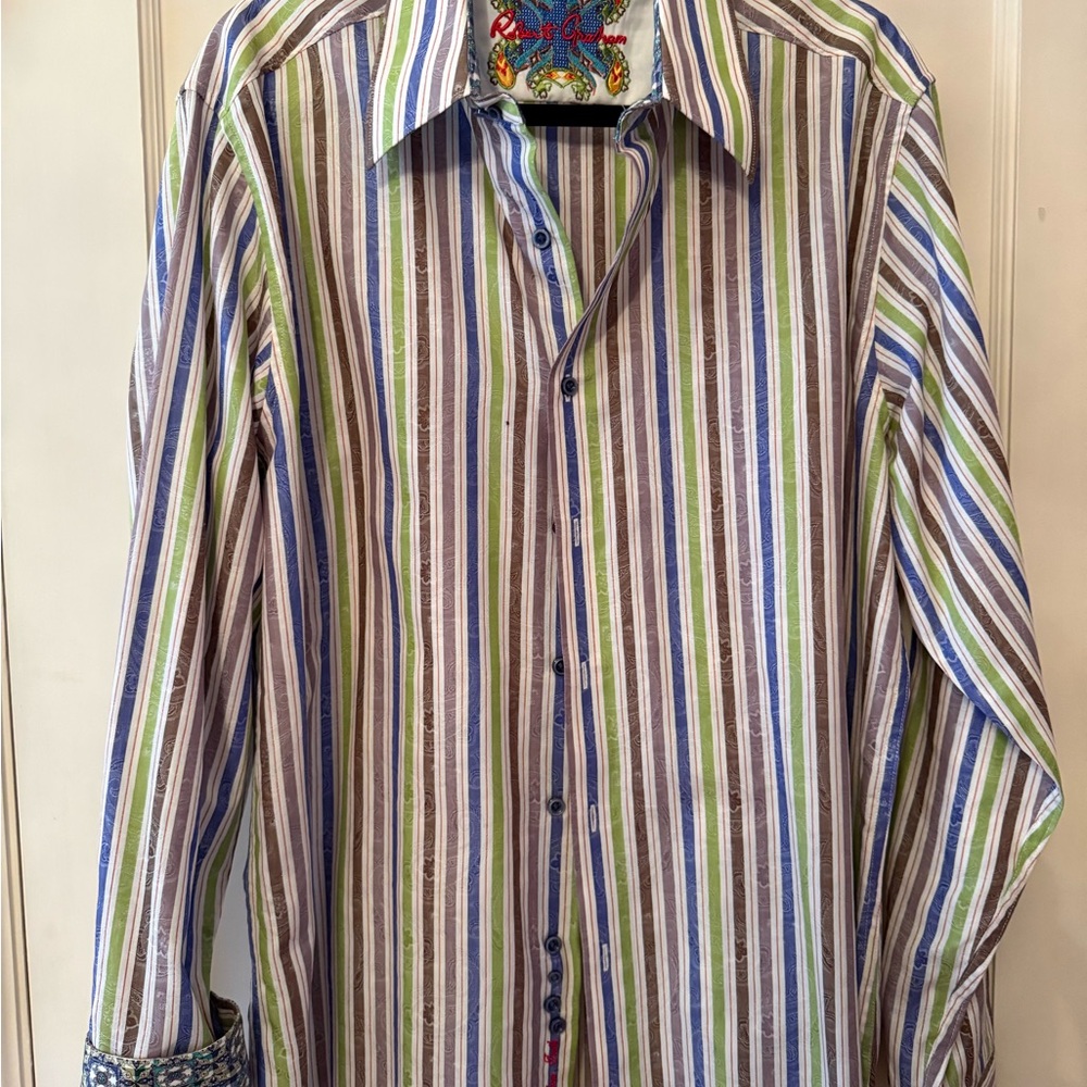 Robert Graham Multicolor Striped Button-Down Shirt‎ — Blue, Green & Brown